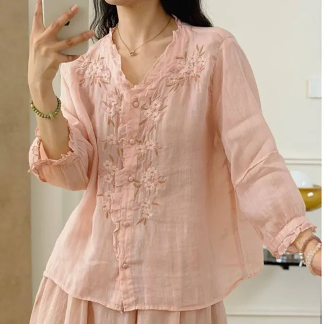 【LANNI 藍尼】★文藝刺繡透氣棉麻襯衫(女裝/女上衣/棉麻衫/休閒/優雅/日系/通勤)