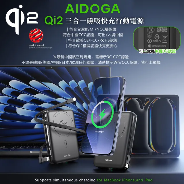 【AIDOGA】Qi2 10000mAh 可上飛機 磁吸無線充行動電源支架 PD雙向快充充電線 Wh/Magsafe/中國CCC+QRCode