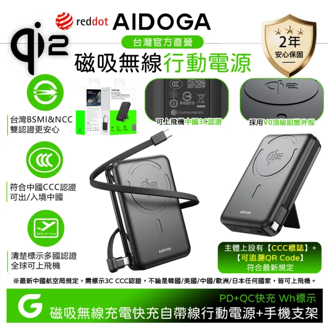 【AIDOGA】Qi2 10000mAh 可上飛機 磁吸無線充行動電源支架 PD雙向快充充電線 Wh/Magsafe/中國CCC+QRCode