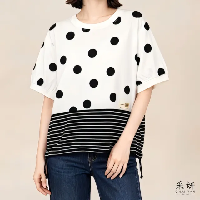 【CHAI YAN 采妍】波點條紋拼接短袖上衣(春夏女裝/中大尺碼/專櫃/寬鬆/透氣)