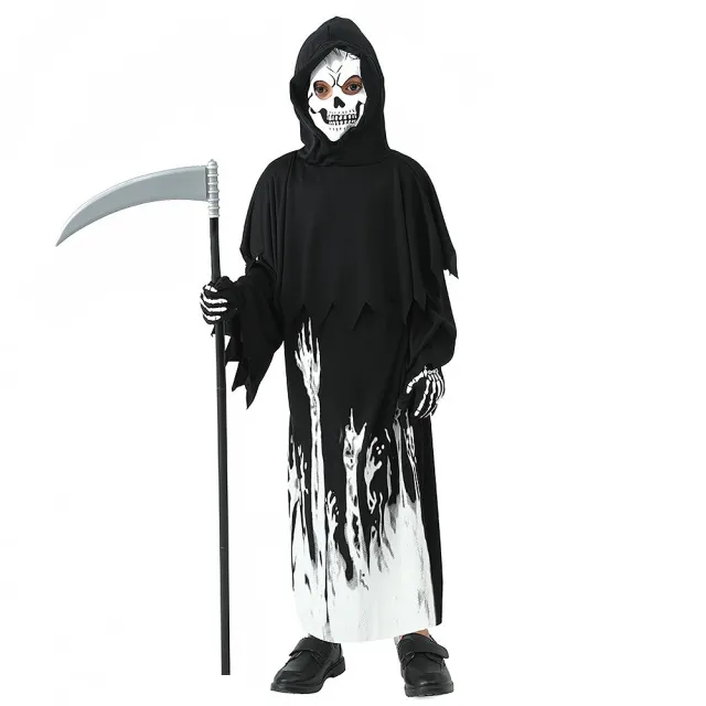 【橘魔法】地獄死神夜光骷髏人長袍 附手套 男童 兒童 骨頭人 萬聖節 角色扮演 道具 表演 戲劇 變裝派對