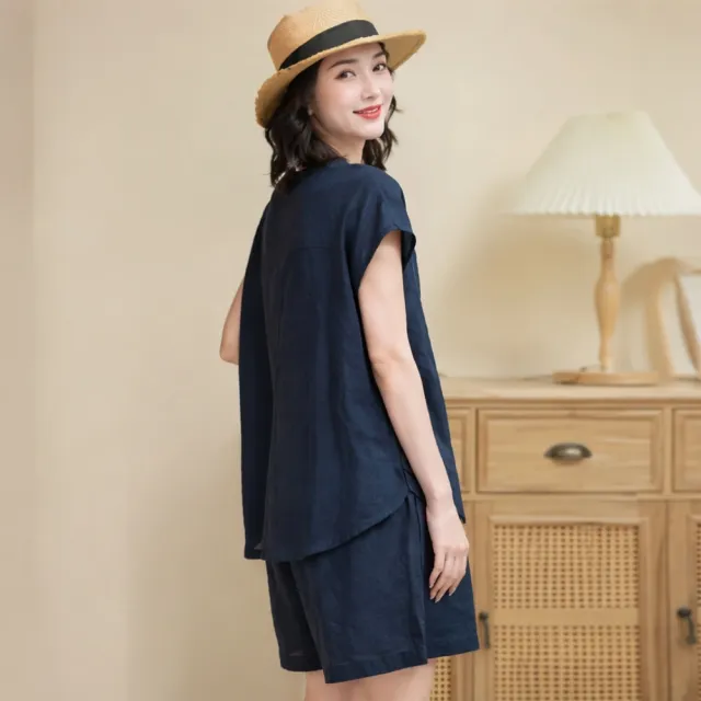 【LANNI 藍尼】★涼爽透氣短袖短褲套裝(女裝/女上衣/T恤/百搭/日系/通勤)