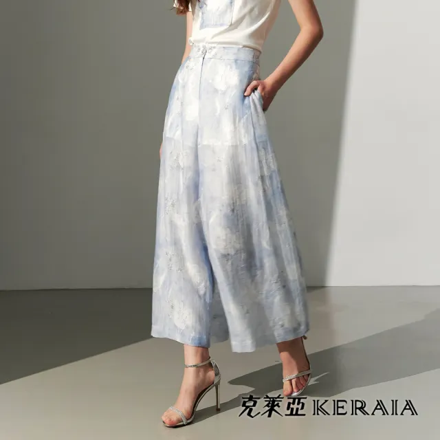 【KERAIA 克萊亞】沁霧花影印花拼花寬褲