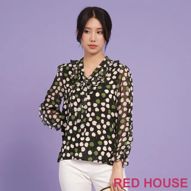 【RED HOUSE 蕾赫斯】甜美荷葉領櫻桃印花雪紡上衣(黑色)