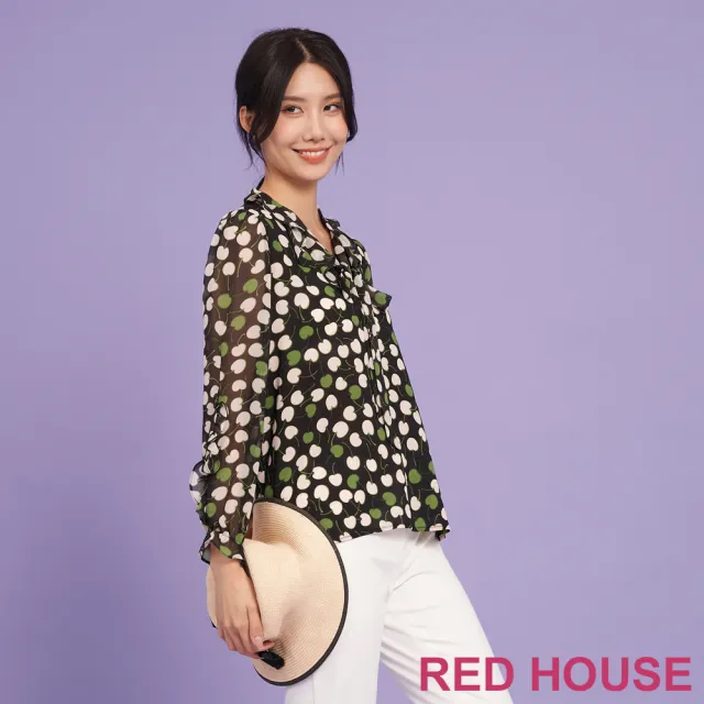 【RED HOUSE 蕾赫斯】甜美荷葉領櫻桃印花雪紡上衣(黑色)