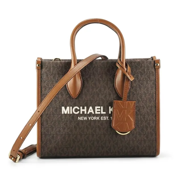 【Michael Kors】MIRELLA中型-新款背帶、皮標滿版LOGO PVC手提/斜背包35F2G7ZC5B(咖啡)