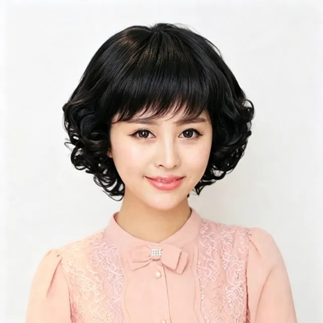 【幸福揚邑】俏麗媽咪斜瀏海短卷髮美拍直播造型必備女用整頂假髮
