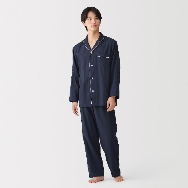 【MUJI 無印良品】男無側縫二重紗織長袖家居睡衣(煙燻綠/暗藍/煙燻藍直紋/煙燻棕直紋)
