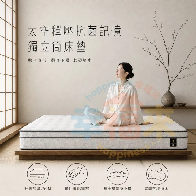 【happiness 幸福來】雙人-防蟎抗菌加大獨立筒床墊 5尺25公分(188*152*25) 軟硬適中|透氣面料
