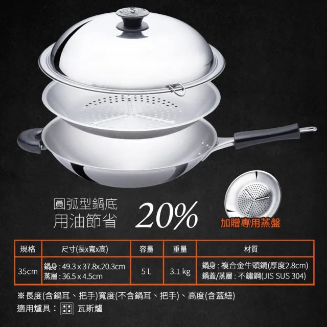 【Buffalo 牛頭牌】雅登單柄炒鍋35cm送大蒸盤 (304不鏽鋼/中華炒鍋/炒菜鍋/蒸鍋)