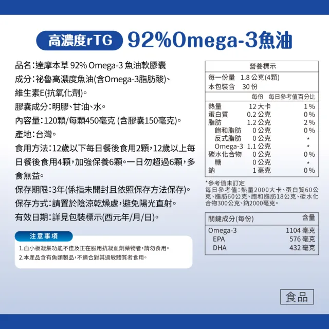 【達摩本草】92% Omega-3 rTG高濃度魚油EX 1入120顆/盒(醫生推薦、金質獎肯定)