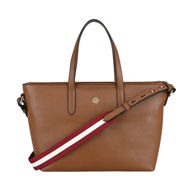 【BALLY】BALLY精品牛皮織帶斜背手提托特包(小/焦糖棕)