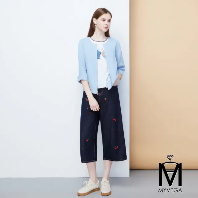 【MYVEGA 麥雪爾】MA亞麻都會多剪裁M鑽拉鍊外套-淺藍