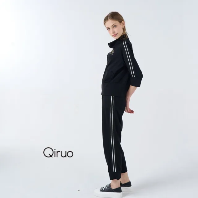 【Qiruo 奇若名品】厚棉七分袖 拉鍊立領外套 黑色休閒短版夾克4020E 