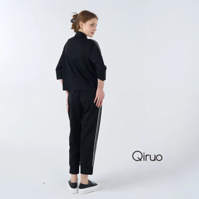 【Qiruo 奇若名品】厚棉 鬆緊腰 側邊滾線條黑色休閒長褲4020C 