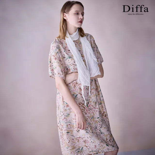 【Diffa】花卉速寫印花落肩短袖連身洋裝-女