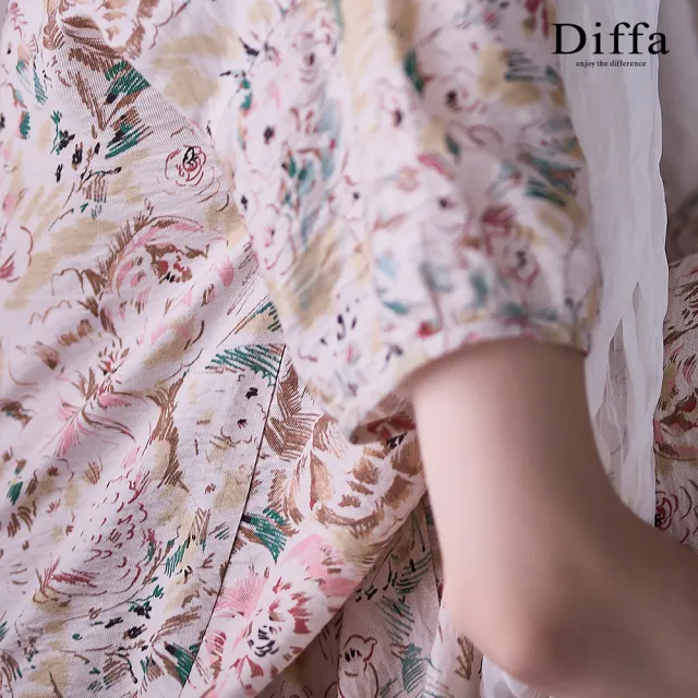 【Diffa】花卉速寫印花落肩短袖連身洋裝-女
