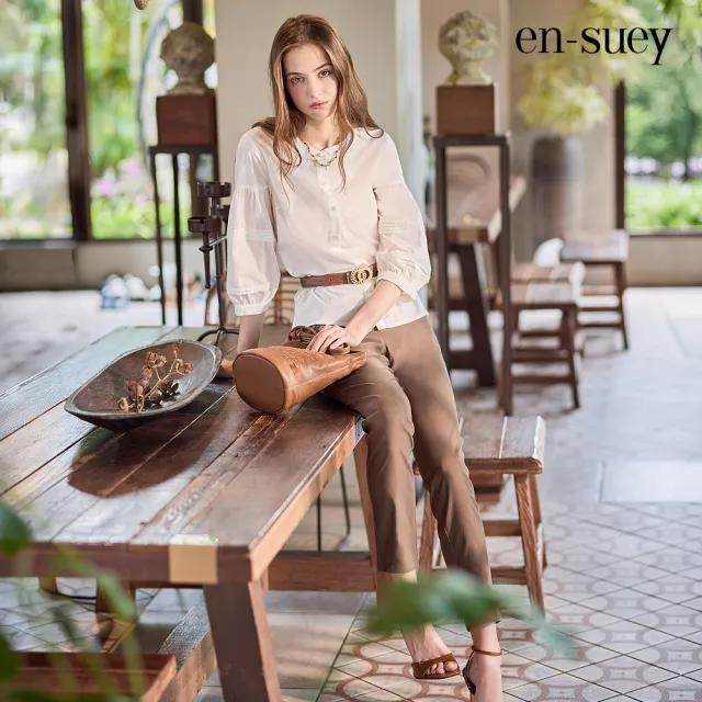 【en-suey 銀穗】裝飾織帶鬆緊休閒直管長褲-女