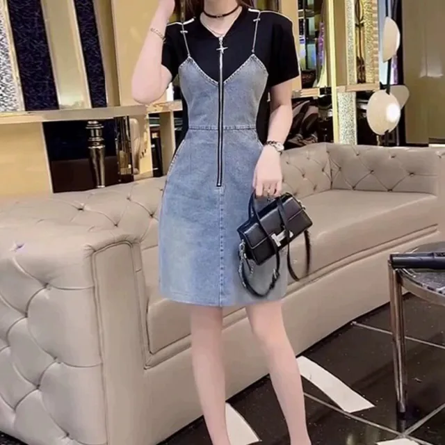【K.W.】韓國丹寧牛仔休閒居家拼接假二件優雅洋裝(小香風/輕量/洋裝/休閒/日系/通勤/渡假)（其他規格）