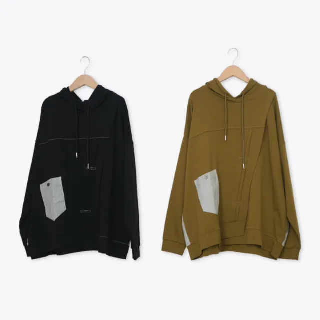 【MOSS CLUB】異材質斜摺拼接落肩連帽上衣 黑 黃