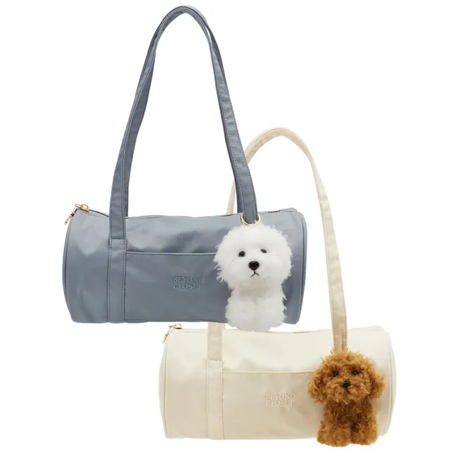 【Grace Gift】韓國Beyond Closet 輕量尼龍圓筒肩背包（附比熊絨毛掛飾）(淺灰)