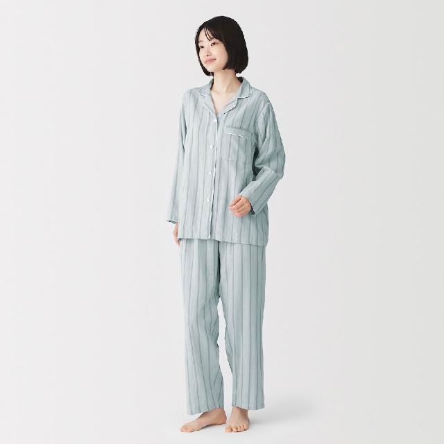 【MUJI 無印良品】女無側縫二重紗織長袖家居睡衣(柔白/淺粉/象牙白直紋/粉紅直紋/藍直紋/摩卡棕直紋)