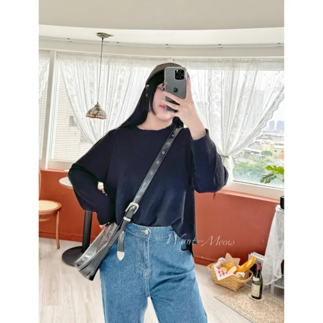 【Want-Meow】80公斤可穿/簡約質感小立領皺皺捲邊素色上衣長袖上衣大學T(大碼上衣/大碼/大尺碼/長袖上衣)