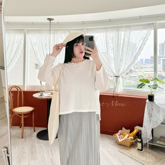 【Want-Meow】80公斤可穿/簡約質感小立領皺皺捲邊素色上衣長袖上衣大學T(大碼上衣/大碼/大尺碼/長袖上衣)
