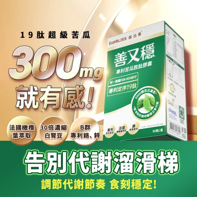 【EatBLISS 益比喜】善又穩專利苦瓜胜肽膠囊3入組((30入/盒) 超級苦瓜.FDA唯一認可定序19肽.橄欖葉萃取