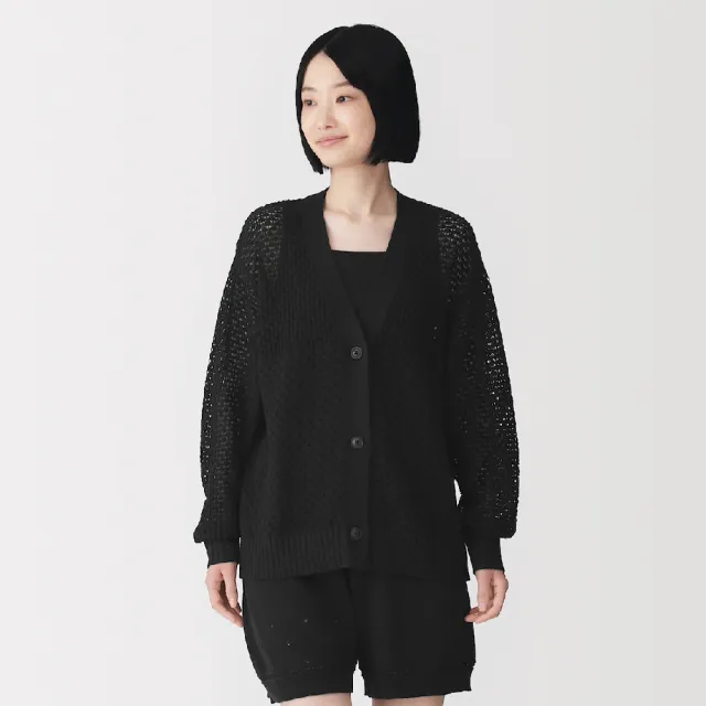 【MUJI 無印良品】女棉鏤空編織針織長袖開襟衫(黑色/象牙白/淺綠/棕色)
