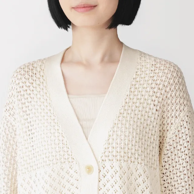 【MUJI 無印良品】女棉鏤空編織針織長袖開襟衫(黑色/象牙白/淺綠/棕色)