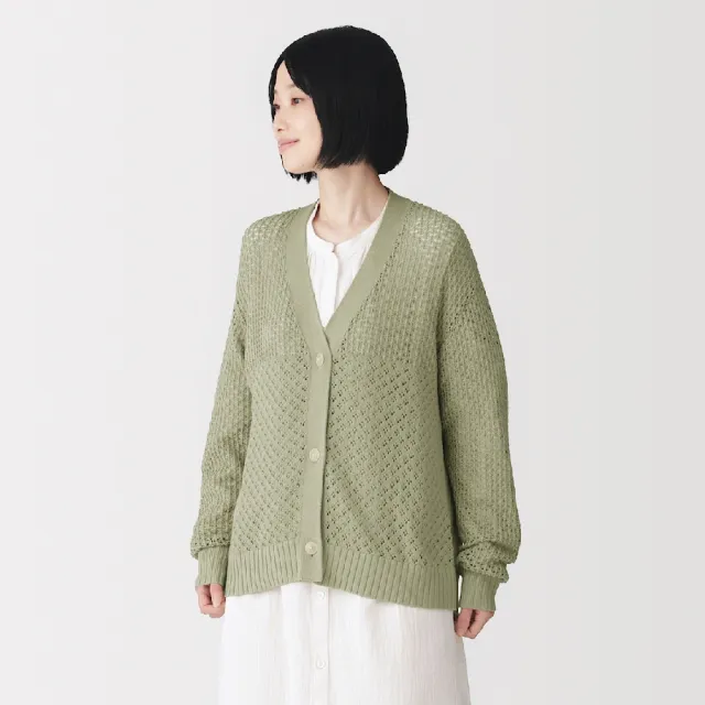 【MUJI 無印良品】女棉鏤空編織針織長袖開襟衫(黑色/象牙白/淺綠/棕色)