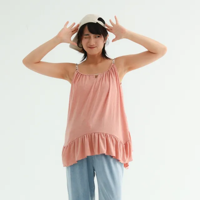 【PINK NEW GIRL】細肩帶領口抽皺荷葉下擺背心(兩色)A4302AC