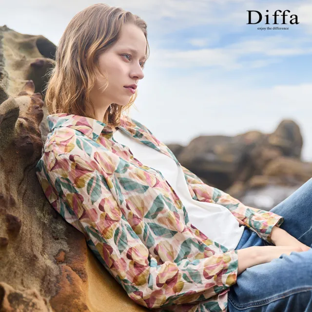 【Diffa】卡綠花壓褶開襟上衣-女