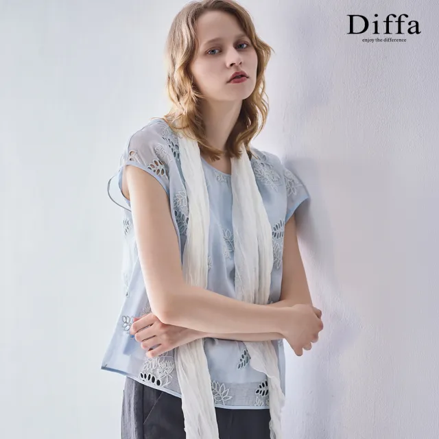 【Diffa】葉子鏤空刺繡蓋袖上衣-女