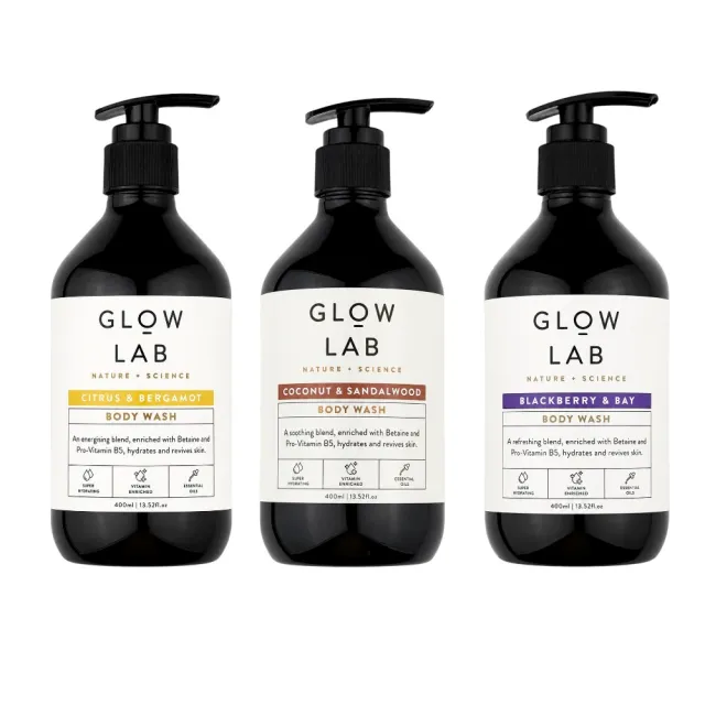 澳洲 GLOW LAB 植物精油沐浴露 400ml (佛手柑橘 椰子檀香 黑莓月桂葉) 保濕