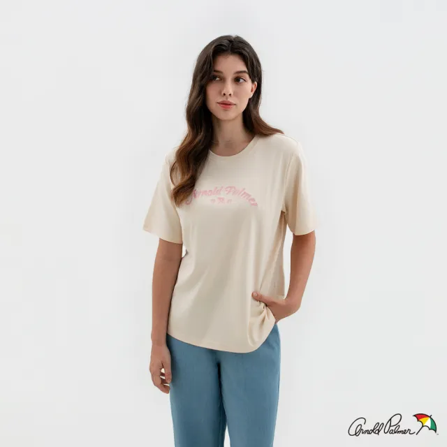 【Arnold Palmer 雨傘】女裝-傘LOGO繡花寬鬆版圓領短袖T-Shirt-淡黃色