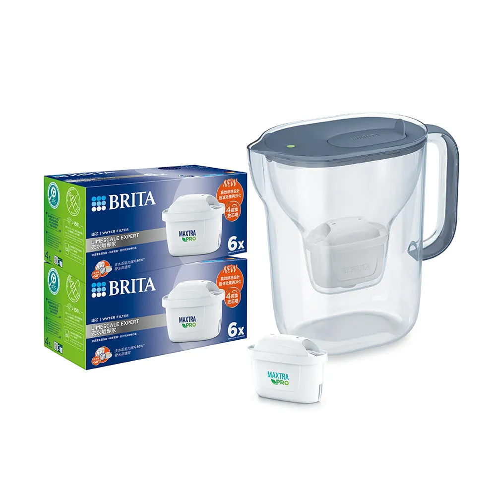 【BRITA】官方直營 純淨濾水壺XL(石灰藍)+MXPRO去水垢6入x2(共1壺13芯)