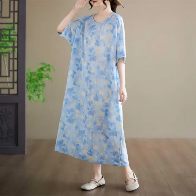 【漂亮小媽咪】夏日 棉麻 短袖 花卉 印花 洋裝 長裙 中大尺碼