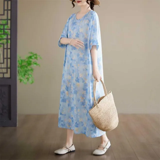 【漂亮小媽咪】夏日 棉麻 短袖 花卉 印花 洋裝 長裙 中大尺碼