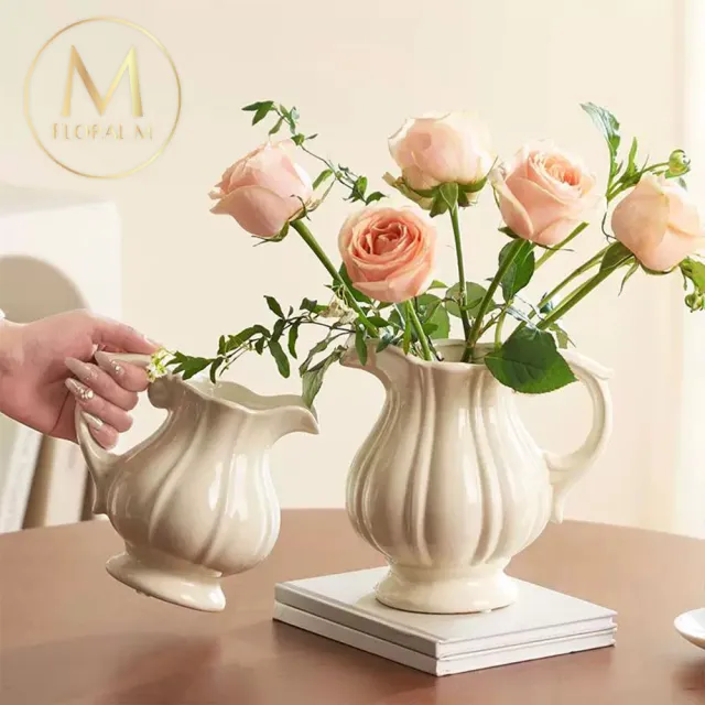 【Floral M】法式洛可可優雅陶瓷壺花瓶(花瓶/插花/玻璃瓶/花器/花盆/陶瓷花瓶/桌面擺飾)