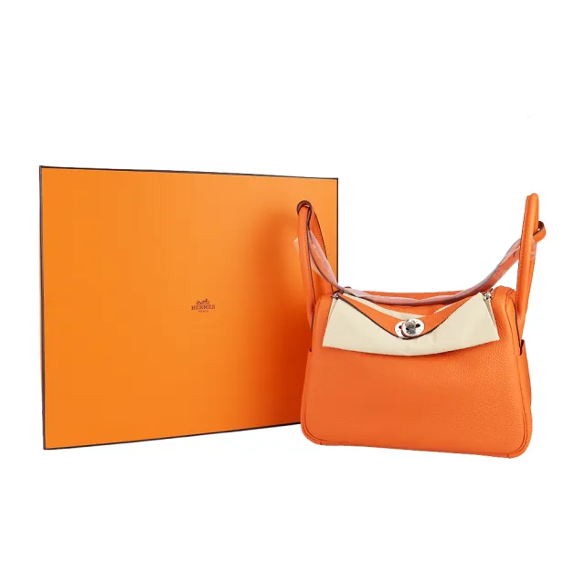 【Hermes 愛馬仕】Lindy 26cm T/C 牛皮轉釦兩用包(9J火焰橘/Z刻/銀釦)