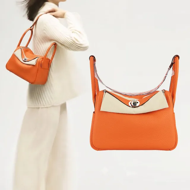 【Hermes 愛馬仕】Lindy 26cm T/C 牛皮轉釦兩用包(9J火焰橘/Z刻/銀釦)