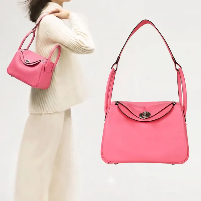 【Hermes 愛馬仕】Lindy 26cm Evercolor 牛皮轉釦兩用包(8W杜鵑桃粉/A刻/銀釦)