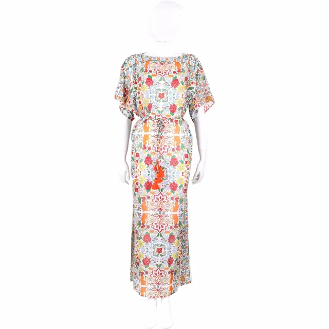 【TORY BURCH】印花絲棉流蘇綁腰洋裝(連身裙 精品)