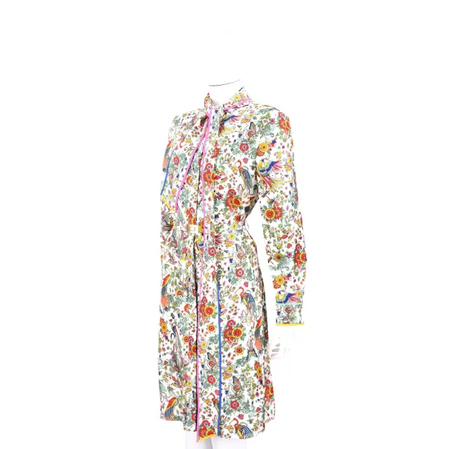 【TORY BURCH】可拆領結印花真絲襯衫式腰帶洋裝(連身裙 精品)