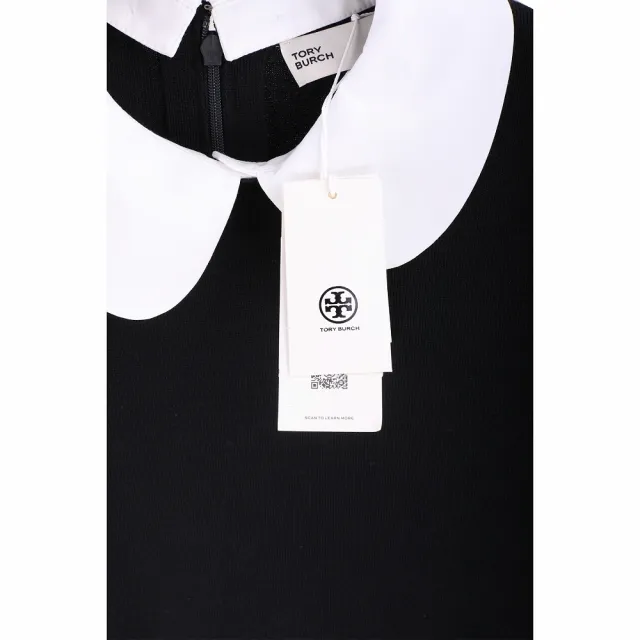 【TORY BURCH】府綢娃娃領美麗諾羊毛混紡黑色連身裙 洋裝(短袖 精品)