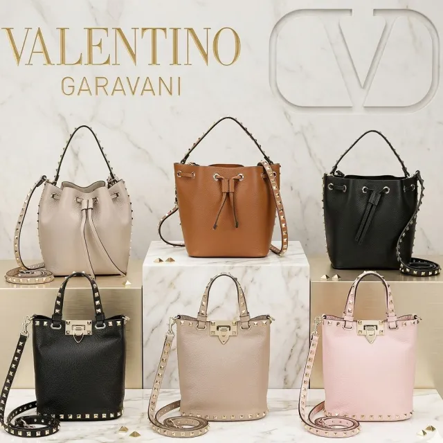 【VALENTINO 范倫鐵諾】Rockstud 鉚釘手提/斜背小牛皮水桶包-多款可選(肩背包 兩用包)