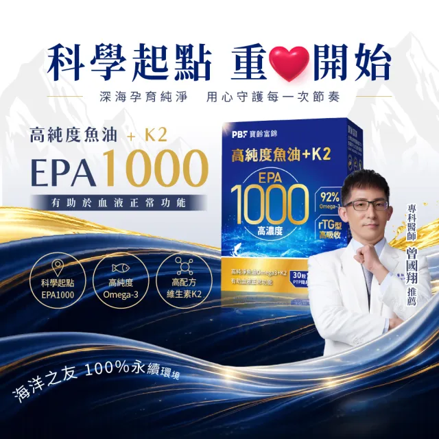 【寶齡富錦】EPA 1000 高純度魚油+K2 (30顆1入/Omega-3/維生素K2)