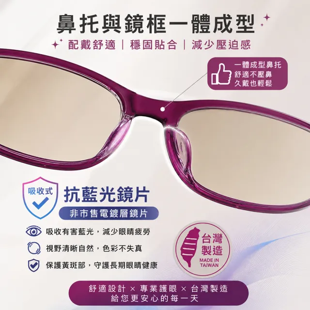 D004紫色抗藍光老花眼鏡(台灣製造 流行鏡框 吸收式抗藍光鏡片 抗 UV400 焦距及度數精準 保固1年)